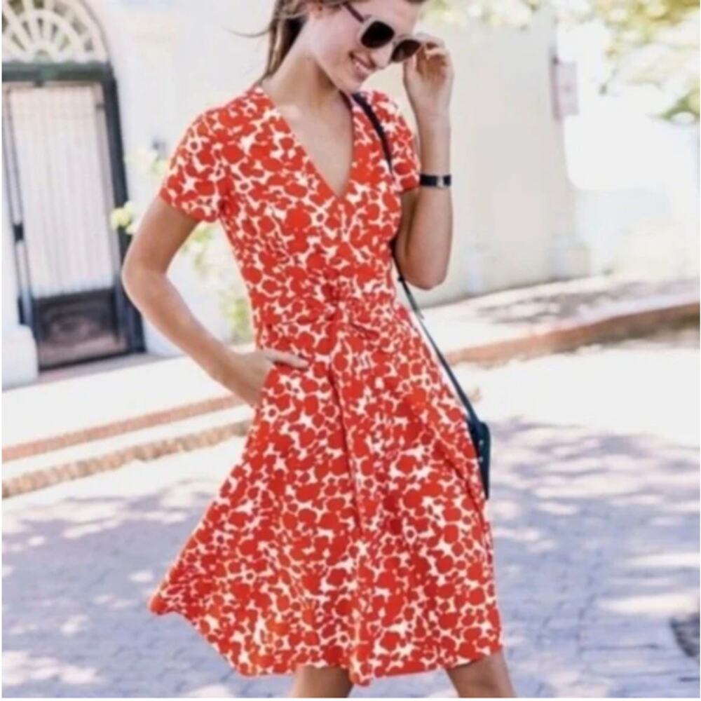 Boden Lara Wrap Dress Red White Floral Print Cotton Short Sleeve 14